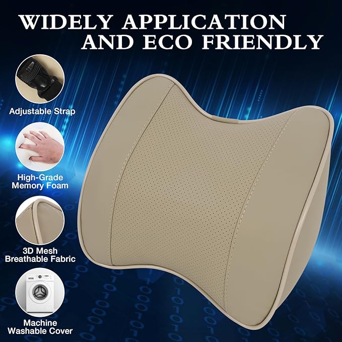 2 Pack Car Neck Pillow, Softness Leather Car Headrest Pillow, 100% Memory Foam and Breathable Removable Cover, Neck Support Head Pillow for Ergonomic Design (Beige)