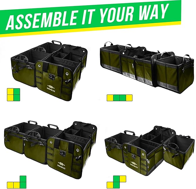 5-Section Extra Large Trunk Organizer – Heavy Duty 1680D Oxford, Collapsible & Foldable Car Cargo Organizer, Modular Multi-Shape Storage System for SUV, Truck, Van – Military Green