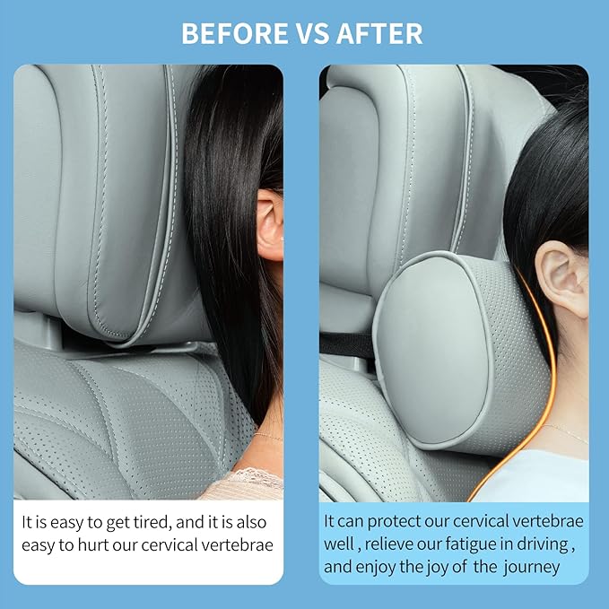 Car Headrest Pillow for Driving - Luxury Leather 100% Memory Foam, Ergonomic Neck Support - Universal Fit Head Rest Travel Pillow for Most Cars, Home & Office, Gray, 1 Pack