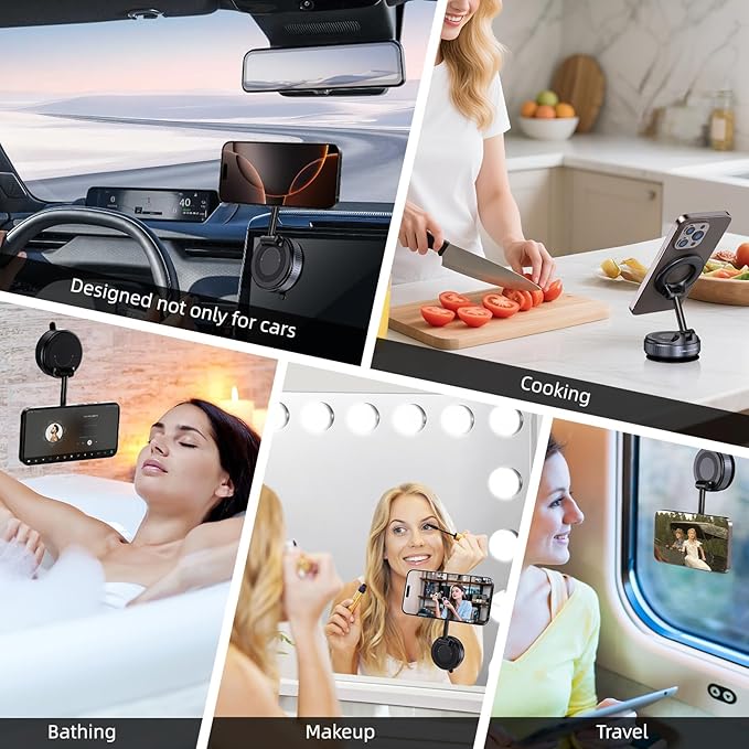 Vacuum Magnetic Suction Phone Holder, Foldable and Retractable Hands-Free Suction Cup Phone Mount for Car/Gym/Mirror/Smooth Surface, Compatible with iPhone & Android (Gel Suction Cup Black)