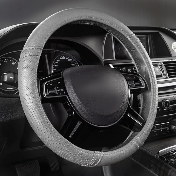 Car Pass Classical Leather Automotive Universal Steering Wheel Covers,Universal Fit for Suvs,Trucks,Sedans,Cars,Vans,14.5-15inch Anti-Slip Safety Comfortable Desgin(Gray)