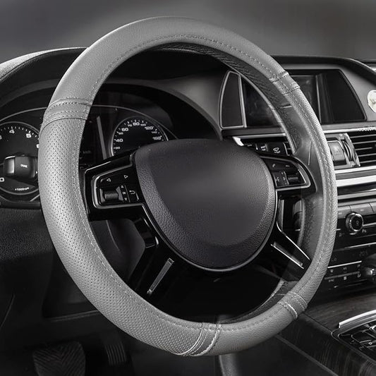 Car Pass Classical Leather Automotive Universal Steering Wheel Covers,Universal Fit for Suvs,Trucks,Sedans,Cars,Vans,14.5-15inch Anti-Slip Safety Comfortable Desgin(Gray)