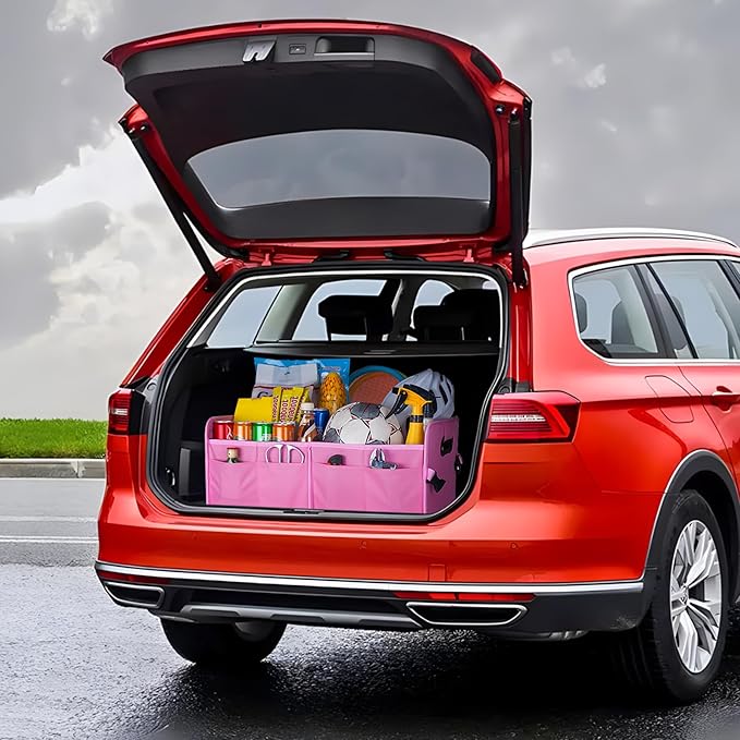 Trunk Organizer For Suv & Sedan,Car Organizers and Storage, Waterproof Collapsible & Adjustable Straps,75L Sturdy Car Organization for Car Accessories, Tools,Sundries,2-3 Compartment（Pink）