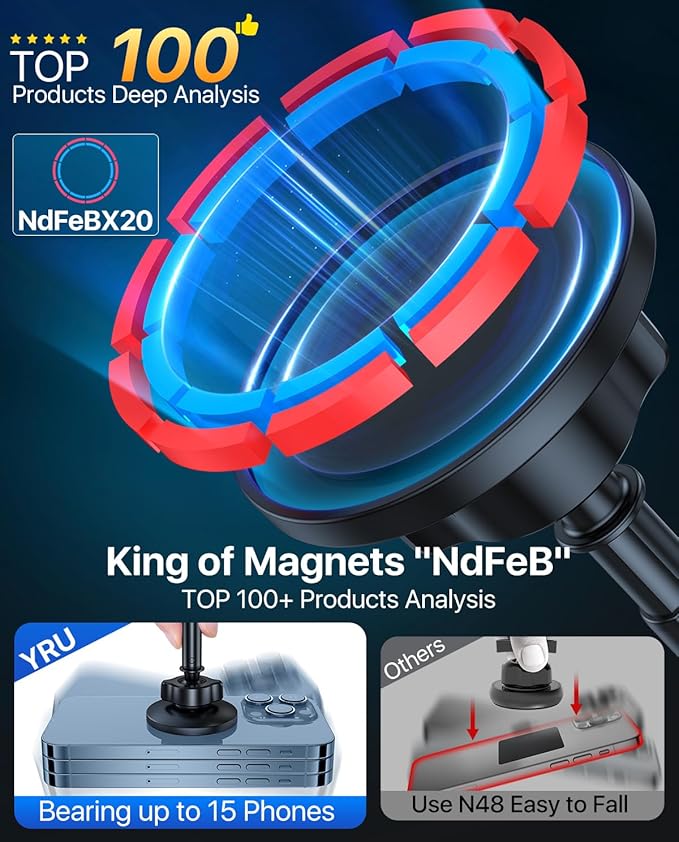 YRU Upgraded Magnetic Phone Holder for Car【Patented & Super Magnet】 for MagSafe Car Mount Dashboard Magnet Phone Holder Windshield Phone Stand for iPhone 17 16 15 14 13 12 Pro Max Samsung, Black