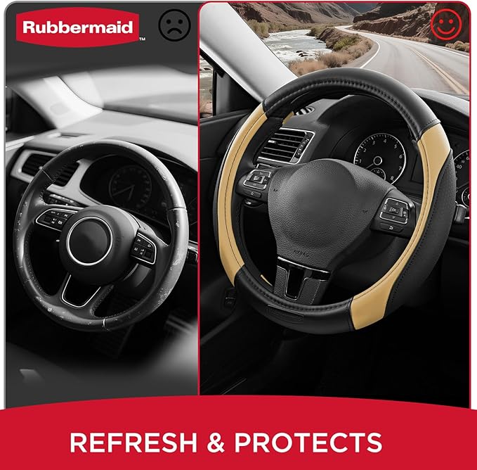 Rubbermaid Steering Wheel Cover – Universal Fit 14.5"–15" Steering Wheel Cover, Anti-Slip Grip, Breathable Leather, All-Season Protection, Interior Upgrade for Cars, Trucks, SUVs - Beige