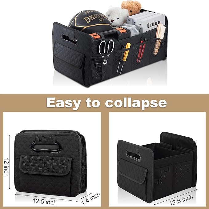 JiatuA Car Trunk Organizer for SUV, Car Storage Organizer Collapsible Multi Compartment Container Box, Adjustable Car Accessories for Women/Men, Large Black