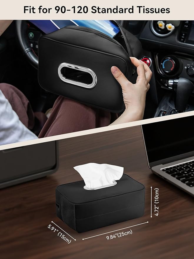 Multi-Functional Car Tissue Holder with ‌2 Storage Nets, Upgraded PU Leather Tissue Box Cover, Large Rectangle Napkin Organizer Fit for 100-150 Regular Size Tissues, Keep Car Tidy, Black