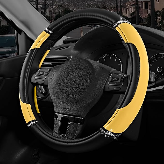 Road Comforts Leather Steering Wheel Cover - Made with PVC Leather - Anti-Slip, Universal Fit 14 1/2 inches to 15 inches - Yellow