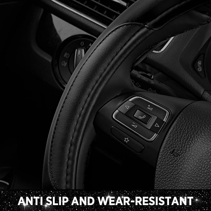 Road Comforts Leather Steering Wheel Cover - Made with PVC Leather - Anti-Slip, Universal Fit 14 1/2 inches to 15 inches - Black