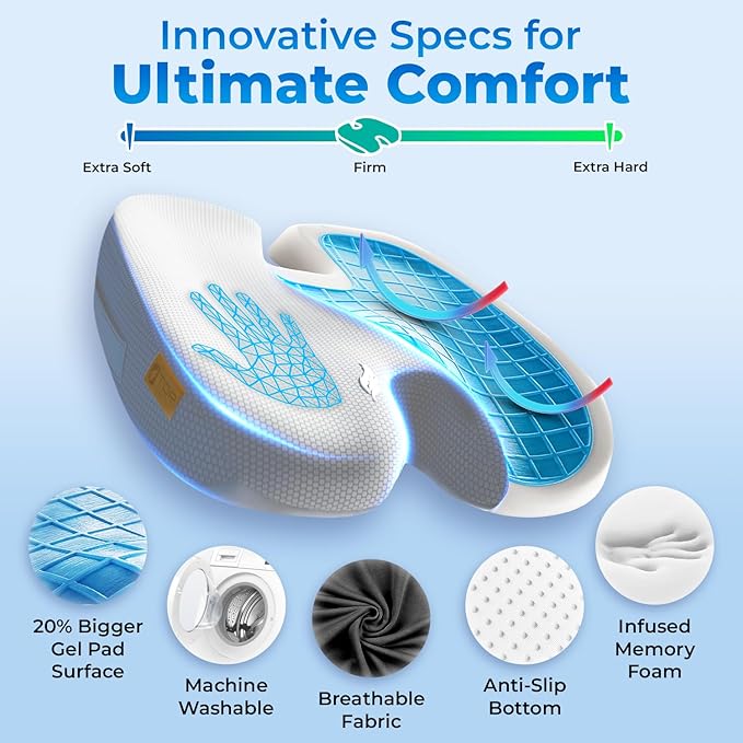 Seat Cushion, BodySync™ Technology with Non-Slip Gel & Memory Foam for Tailbone, Sciatica & Back Pain Relief, Office Chair Cushion, Car Seat Cushions for Driving (Light Grey)