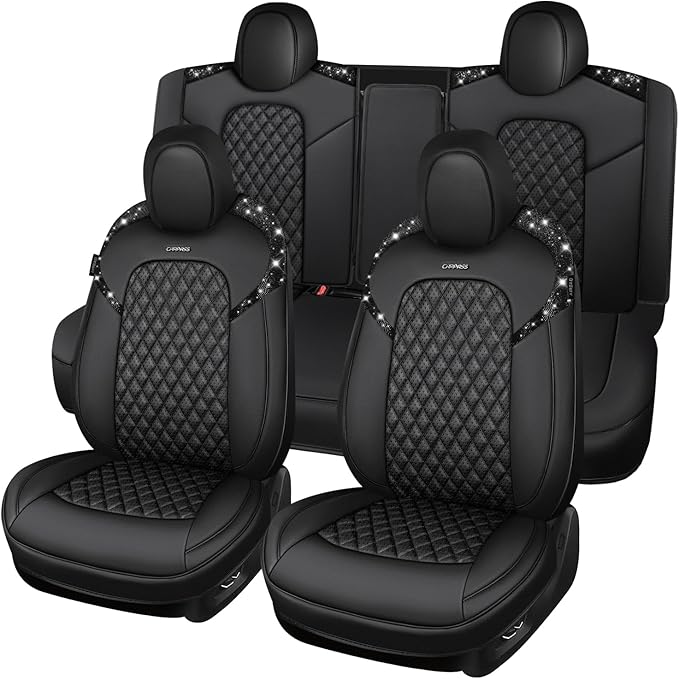 CAR PASS Car Seat Covers for Tesla Model 3 Nappa Leather Bling Diamond Car Seat Protector Full Coverage Airbag Compatible Custom Fit 2017 2018 2019 2020 2021 2022 2023 2024, Black Rhinestone Full Set