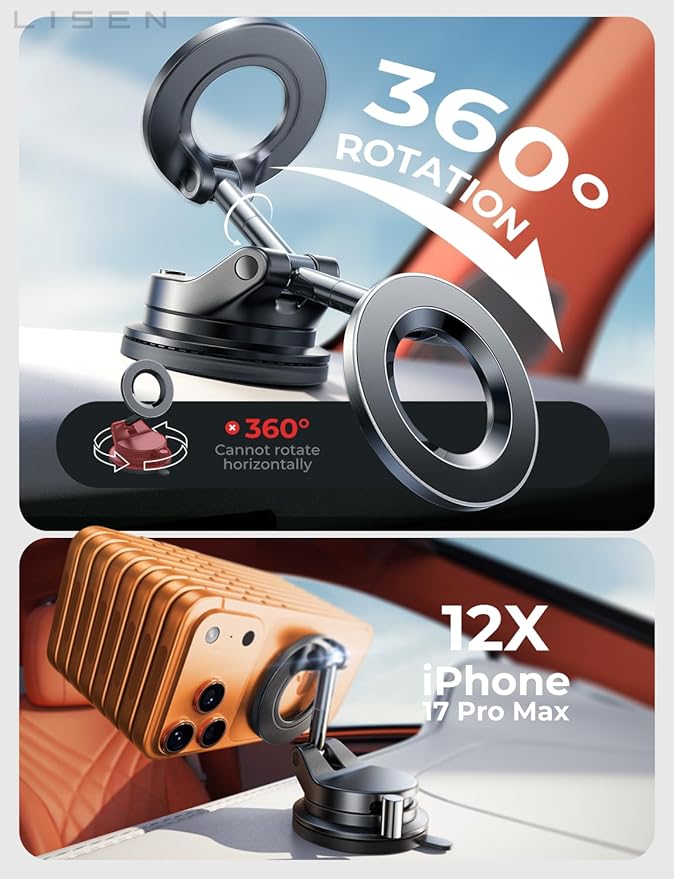 LISEN for Magsafe Car Mount, Phone Holders for Your Car, Magnetic Vacuum Phone Mount Car Accessories for Women Men Interior BMW, SuctionPro for Valentines Day Gifts for Him Her Kits, for iPhone17-12