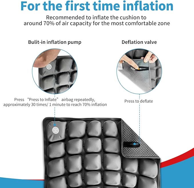 Inflatable Travel Seat Cushion with Built-in Pump & Carry Bag (Grey Cushion with Silver Storage Bag)