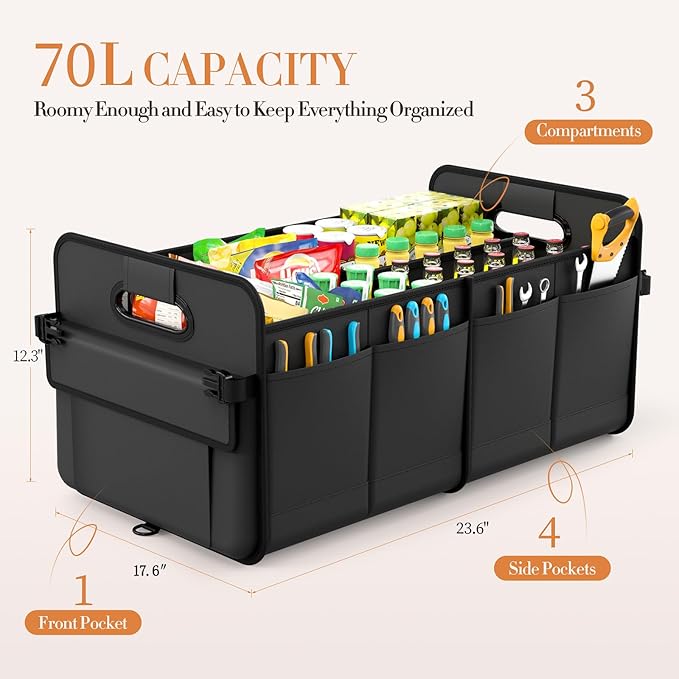 Trunk Organizer For Suv & Sedan,Car Organizers and Storage, Waterproof Collapsible & Adjustable Straps,70L Sturdy Car Organization for Car Accessories, Tools,Sundries,2-3 Compartment（Black