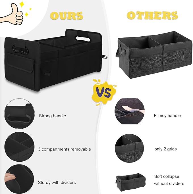 JiatuA Car Trunk Organizer, Car Organizers and Storage Collapsible Multi Compartment Container Box, Adjustable Car Accessories for SUV Sedan Truck, Large Size, Black