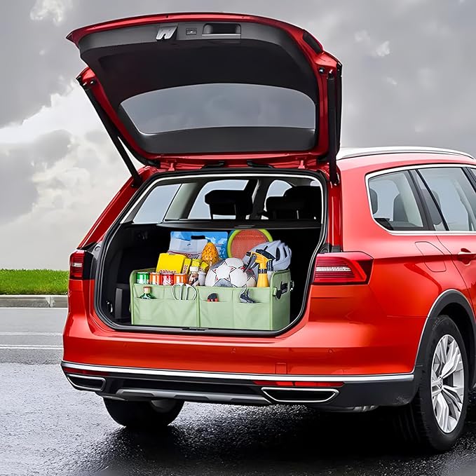 Trunk Organizer For Suv & Sedan,Car Organizers and Storage, Waterproof Collapsible & Adjustable Straps,75L Sturdy Car Organization for Car Accessories, Tools,Sundries,2-3Compartment（Green