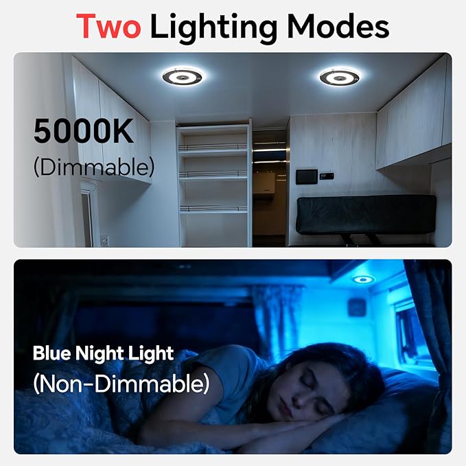 12V Ceiling Dome Light, 4.75 Inch 400LM Dimmable Interior Light for RV Boat Camper Van Travel Trailer Truck Fifth Wheel Interior Lighting, Blue NightLight & Touch Switch(Cool White)