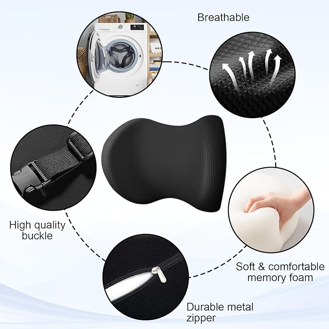 2 Pack Car Headrest Pillow for Neck Support, Ultra Comfortable Neck Pillow for Driving, Car Neck Pillows with Adjustable Strap & Breathable Removable Cover, Fit Most Cars(Black)