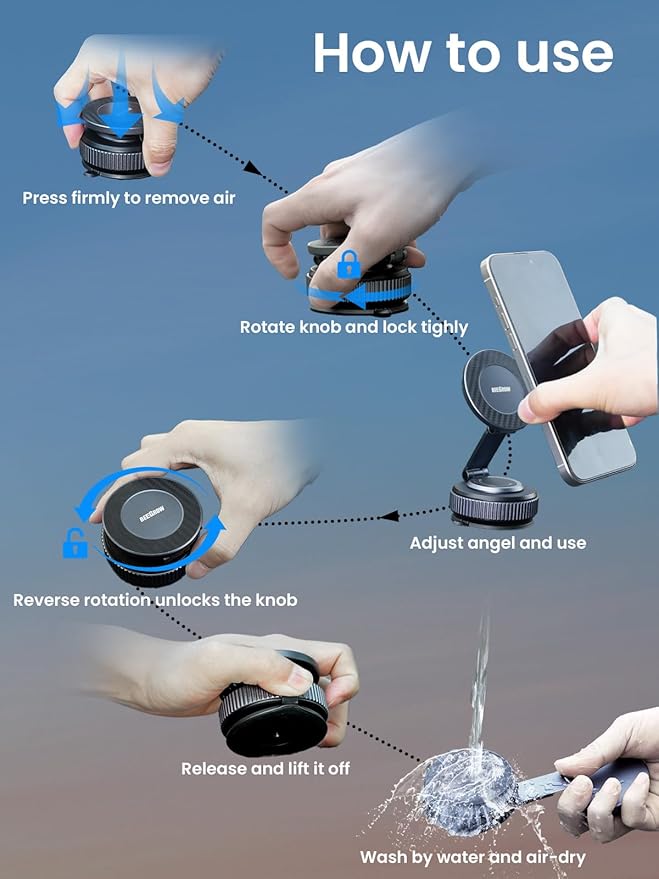 Magnetic Car Phone Holder for Magsafe, Alloy 360° Folding Cell Car Phone Mount with Ultra Stable Suction Cup and Reusable Gel, Dashboard Windshield Stand for iPhone 17-12 Android Pixel Samsung