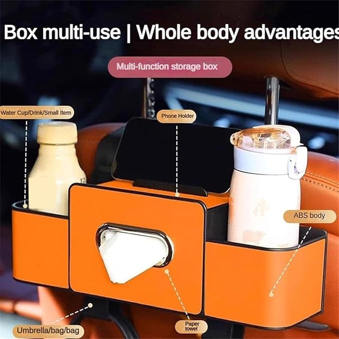 3 in 1 Car Backseat Organizer with Cup Holder, Leather Multifunctional Seat Back Storage with Tissue Box, Phone Holder and Hooks, for Hold Phones, Snacks, Drinks, and Handbags (White,2PCS)