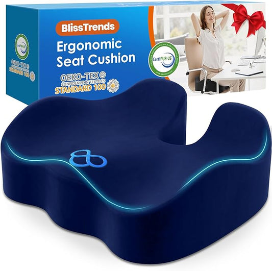 BlissTrends Seat Cushion,Thick Memory Foam Cushions for Office Chair, Car Seat, Airplane, Relieving Pressure Tailbone Sciatica Back Pain for Long Sitting Office Workers, Car Drivers 4.7in Thick Blue