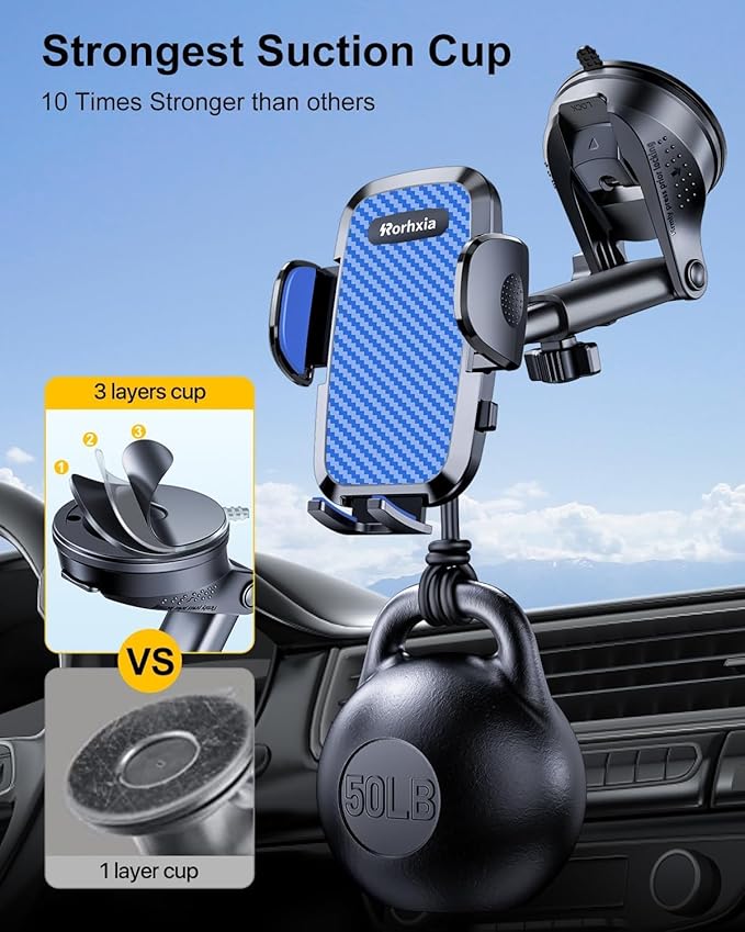 Blue 3-in-1 Phone Mount for Car [2025 Most Stable and Flexible Suction Cup] Vent Dashboard Windshield Cell Phone Holder Car Fit for iPhone, Samsung, All Phone