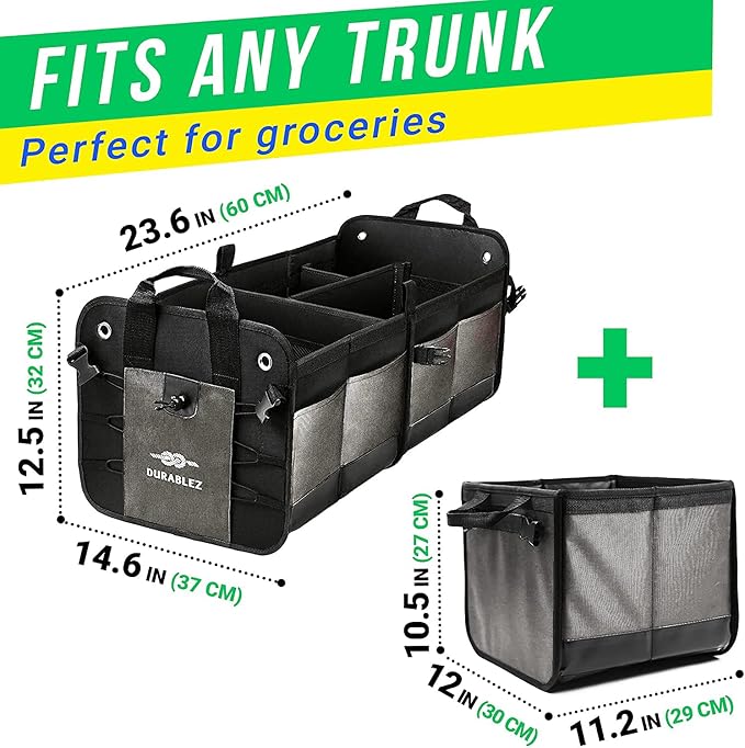 3-Section Modular Trunk Organizer XL – Car Storage for Groceries, Cleaning Supplies, Tools, Sports Gear – Foldable L-Shape Cargo Bin – Gray