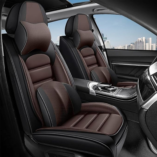 2 Car Seat Covers for Chrysler Pacifica 2004-2026 Breathable Leather,Waterproof Car Seat Protectors with Comfort Headrest Pillows,Automotive Vehicle Cushion with Storage Pockets (Luxury,Brown)
