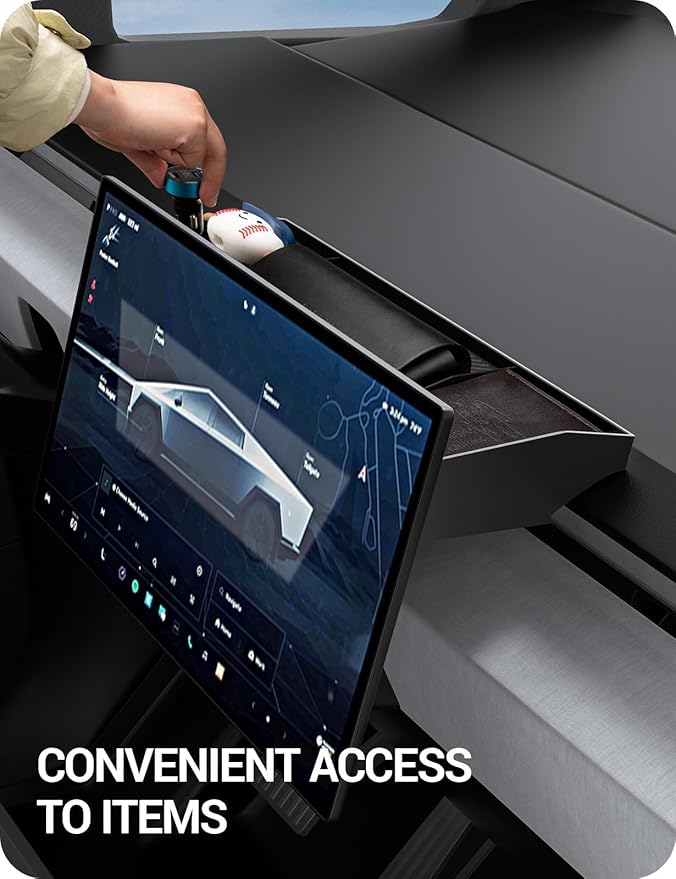 BASENOR Behind Screen Storage for Tesla Cybertruck Accessories 2024-2026, (Proprietary Design) Custom-Fit Center Console Sunglasses Holder & Hidden Dashboard Storage Tray