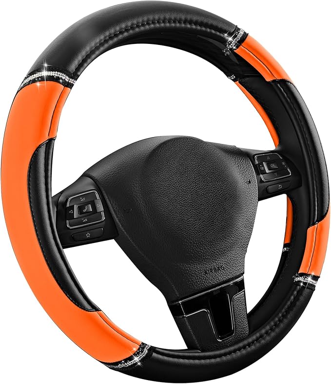 Road Comforts Leather Steering Wheel Cover - Made with PVC Leather - Anti-Slip, Universal Fit 14 1/2 inches to 15 inches - Orange