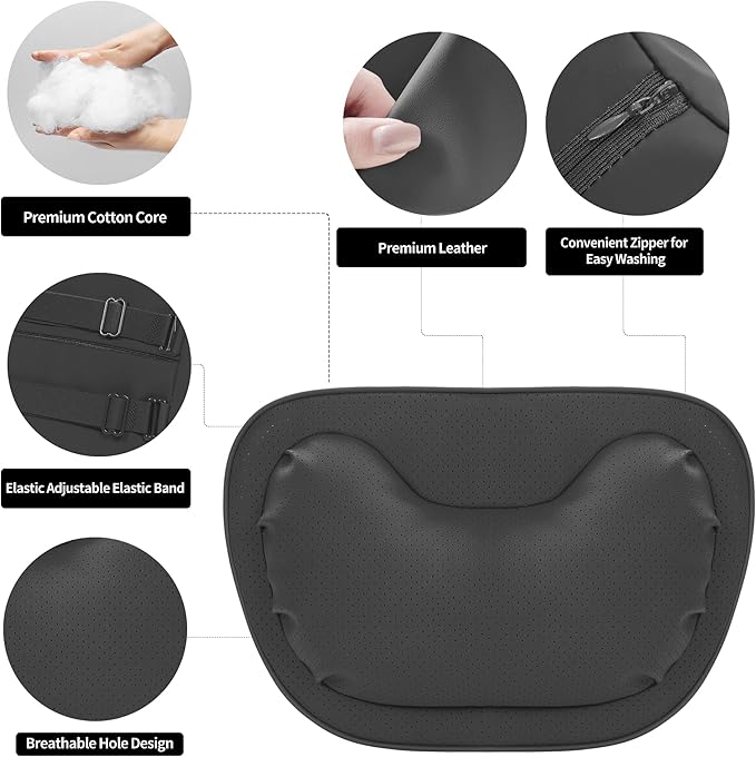 Car Neck Pillow [No More Pressure] Soft Comfortable Premium Leather Headrest with Adjustable Strap – Ergonomic Support for Driving, Office & Gaming, Black, 2 Pack