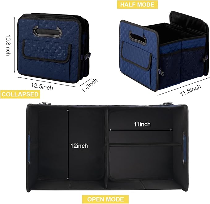 JiatuA Car Trunk Organizer for SUV, Car Storage Organizer Collapsible Multi Compartment Container Box, Adjustable Car Accessories for Women/Men, Dark Blue