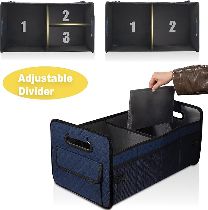 JiatuA Car Trunk Organizer for SUV, Car Storage Organizer Collapsible Multi Compartment Container Box, Adjustable Car Accessories for Women/Men, Dark Blue