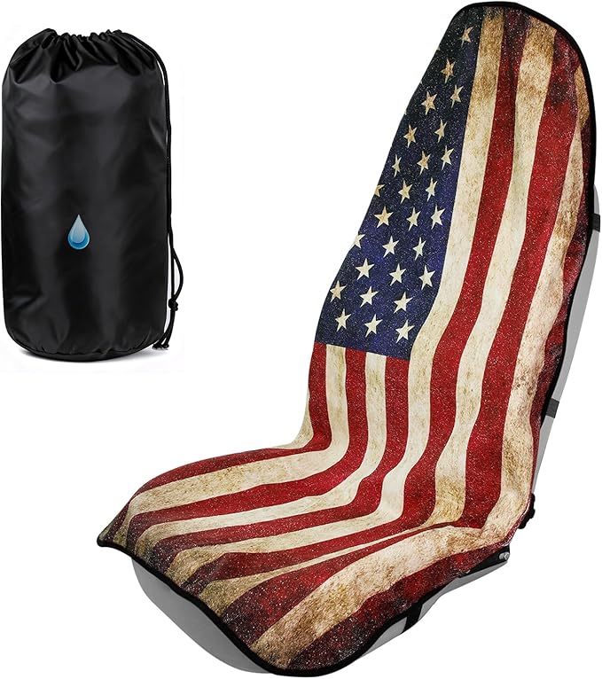 Universal Car Seat Cover Towel, Waterproof Washable Sweat Protection for Front Bucket Seats, Non-Slip Fit, Fits Cars SUVs Trucks, Ideal for Gym, Kids, Pets, (American Flag, 1 Pack)