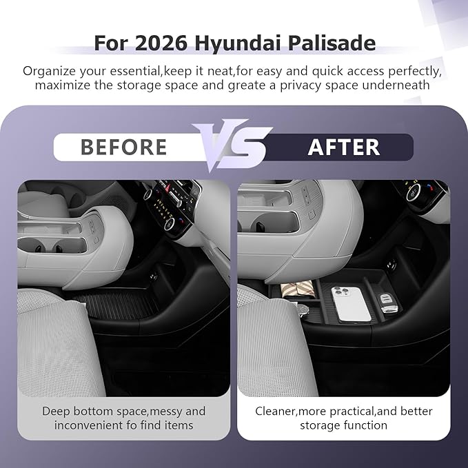 LUWU Low Center Console Organizer Compatible with 2026 Hyundai Palisade Calligraphy Accessories Armrest Console Organizer Armrest 2026 Palisade Lower Storage Tray w/o Cup Holder(ONLY for 7-Seat)