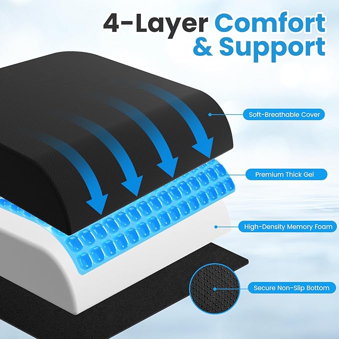 Wheelchair Seat Cushion - Cooling Gel & Memory Foam Office Chair Cushion with Non-Slip Bottom & Washable Cover, Ergonomic Car Seat Pillow for Sciatica, Tailbone, Back Comfort (Black)