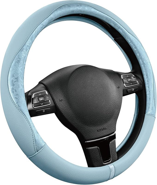 PIC AUTO Steering Wheel Cover, Light Blue Patterned Leather Patchwork Design, Universal Fit 14.5"–15.5", Anti-Slip, Odor-Free, Soft PU Grain Leather, Durable Grip Car Accessory for Girls & Women