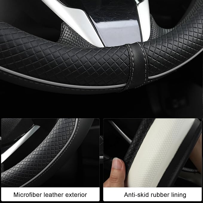 West Llama Microfiber Leather Car Steering Wheel Cover for Chevy Silverado,Tahoe,Equinox,Traverse,Trailblazer,Colorado (Black+Gray Line - Standard Size)