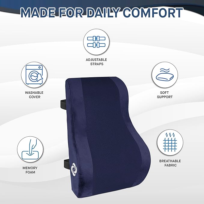 Samsonite Ergonomic Lumbar Support Pillow for Office Chair and Car Seat - Memory Foam Back Support Lumbar Pillow, Premium Cushion Chair Support for Lower Back Pain Relief and Versatile Use (Navy)