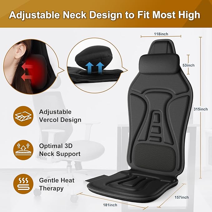 Vibration Back Massager with Heat for Chair, Massage Chair Pad with Waist Cooling & Neck Support, Seat Massager for Seniors, Office Workers, Fatigue & Pain Relief in Office, Home & Travel