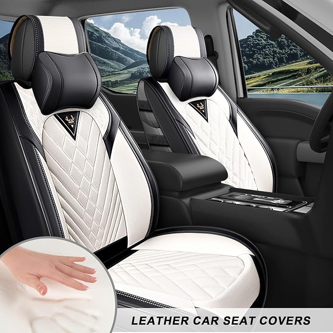 Front Set Car Seat Covers for Ford F-150 F-250 F-350 XL XLT STX Lariat King Ranch Platinum Raptor Waterproof Seat Covers 2009-2025, Anti-Slip Seat Protectors(Luxury 2 Seats/Black White)