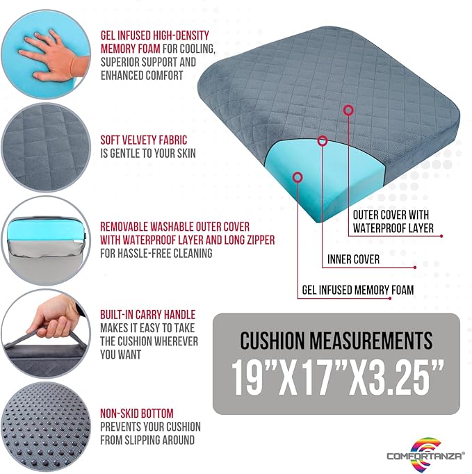Large 19"x17"x3.25" Medium-Firm Memory Foam Seat Cushion with Cooling Effect, Washable Cover and Non-Slip Base for Office Chairs, Wheelchairs, Recliners, Cars - Back Pain Relief - Gray