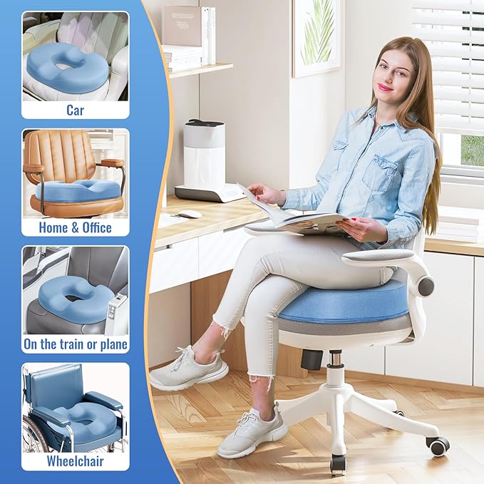 CloudBliss Donut Pillow Seat Cushion Chair Pad for Tailbone Pain Relief and Hemorrhoids, Memory Foam Seat Chair Cushion for Men and Women for Home & Office, (Light Blue-XL)