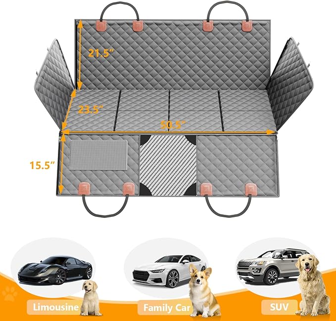 PETICON Back Seat Extender for Dogs, Hard Bottom Dog Car Seat Cover - Supports 400lbs, Rear Seat Pet Cover with Mesh Window, Waterproof Dog Hammock for Car SUV and Trucks