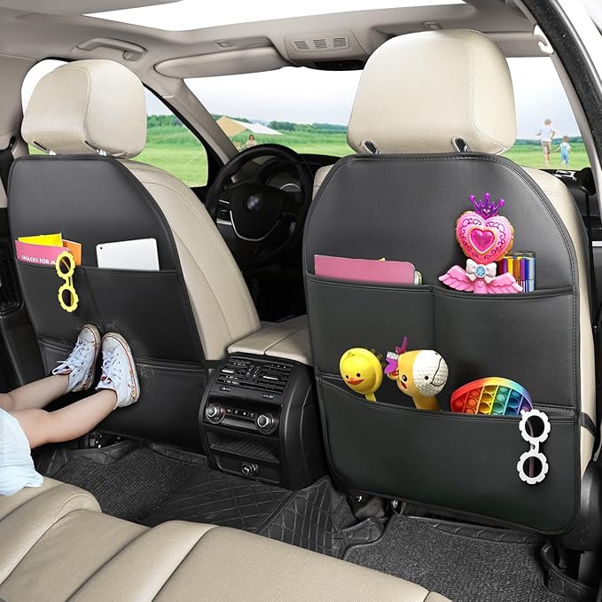 2 Pack PU Leather Kick Mat Back Seat Protector With 3 Storage Pockets, Universal Car Seat Back Organizer For Kids Pets, Waterproof Backseat Protector For Most Car (Black)