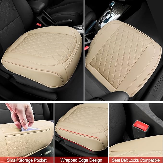 1 Pack Leather Front Car Seat Cover Bottom Car Seat, Anti-Slip and Full Wrap Driver Car Seat Protectors, Luxury Waterproof Bottom Auto Seat Cushion Pad Mat for Most Vehicles(Yellow Beige)