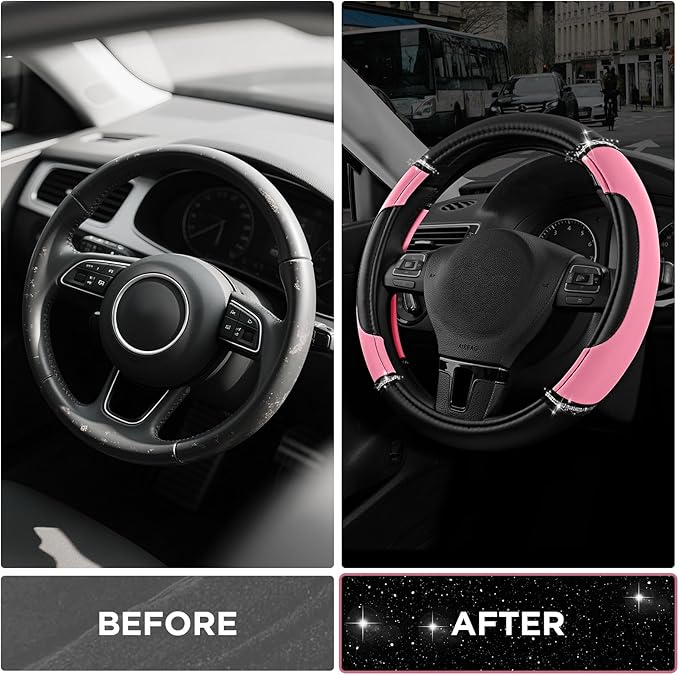 Road Comforts Leather Steering Wheel Cover - Made with PVC Leather - Anti-Slip, Universal Fit 14 1/2 inches to 15 inches - Pink