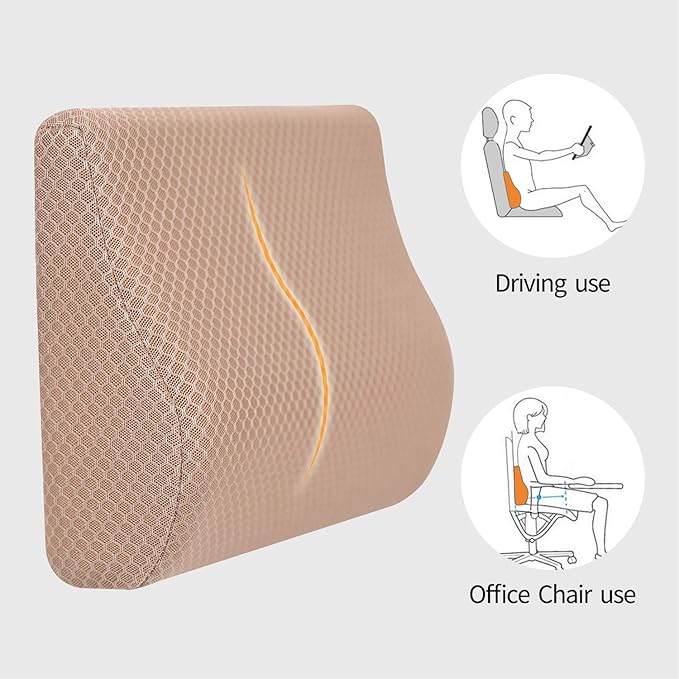 Memory Foam Lumbar Support Pillow for Car - Lower Back Support Cushion for Driving, Back Pain Relief for Car Seat, Office Chair, Wheelchair (Beige)