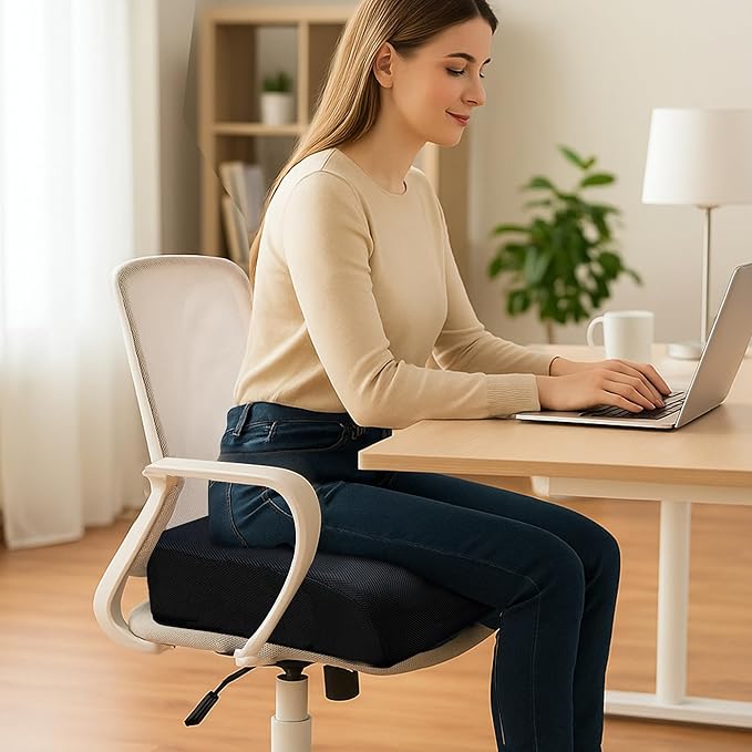 6" Extra Thick Memory Foam Office Chair Cushion – 2-Layer Booster Seat for Back & Tailbone Pain Relief, 18 x 16 x 6in Non-Slip Cushion with Carry Handle for Wheelchair, Car, and Airplane