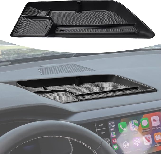 TACOBRO Interior Dashboard Storage Compatible with Volkswagen Taos 2022 2023 2024 Accessories, Taos Dash Mounted Organizer Tissue Holder Tray Box ABS Black